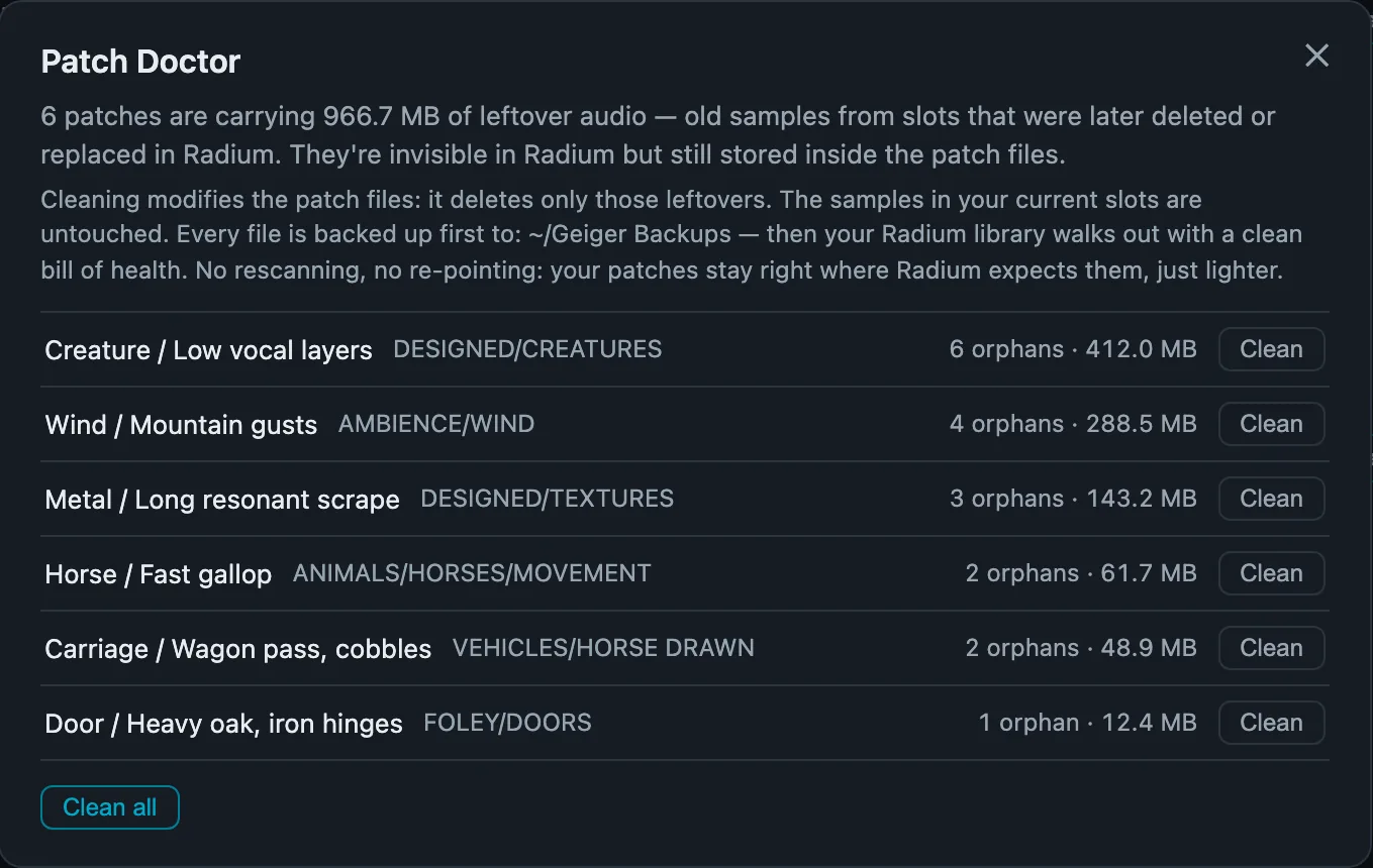 Patch Doctor listing six patches carrying leftover audio, with Clean buttons for each and Clean all.