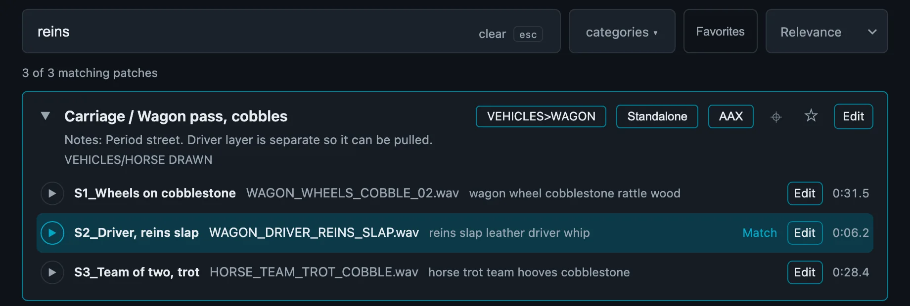 Geiger’s search bar with “reins” typed, and the matching patch expanded to show its slots, the matching slot highlighted.
